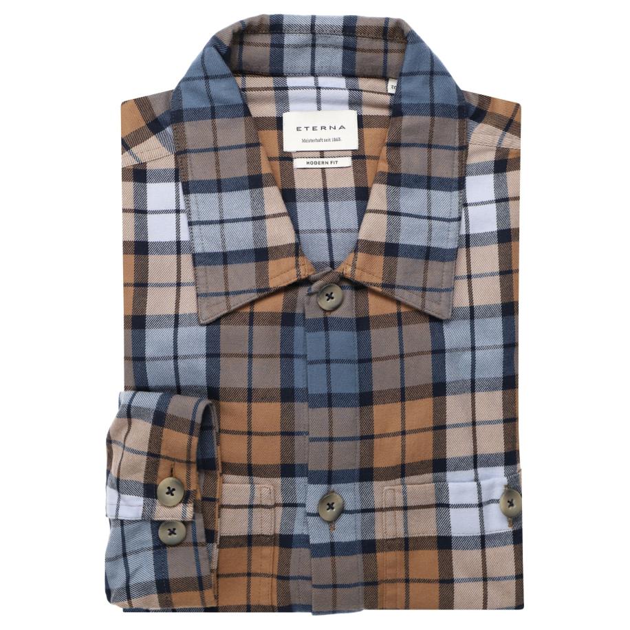 ETERNA Flanellen Overhemd bruin/blauw, Ruit Multicolor