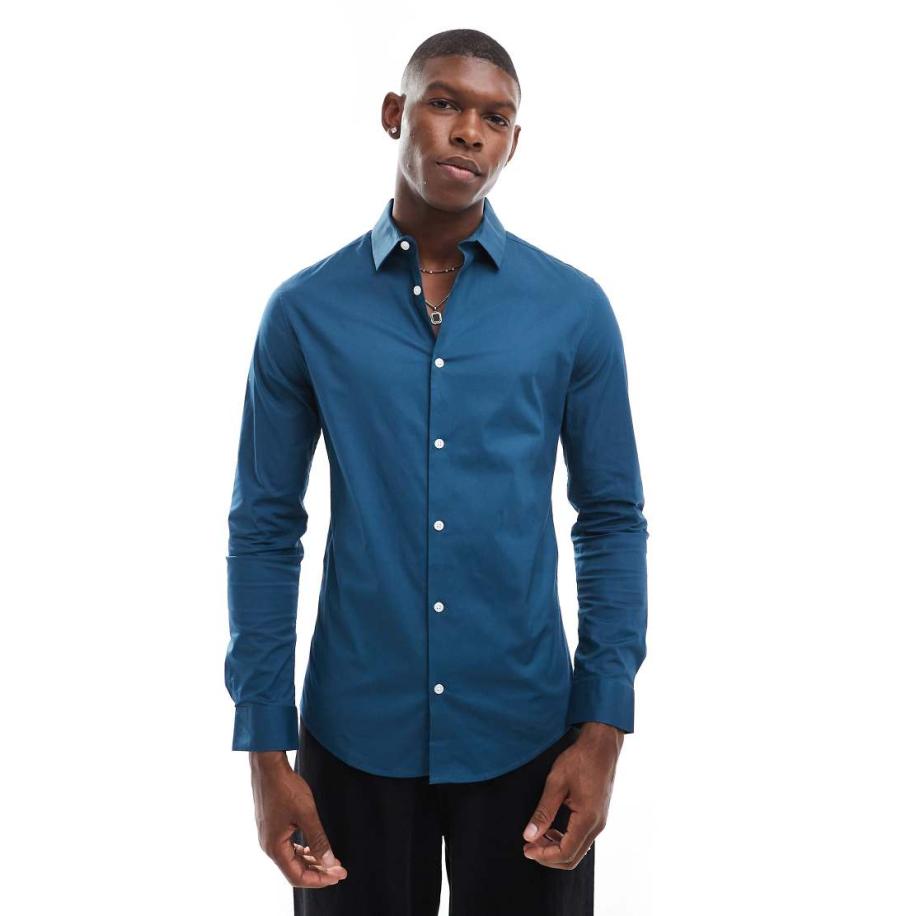 ASOS DESIGN - Skinny poplin overhemd in marineblauw Blauw