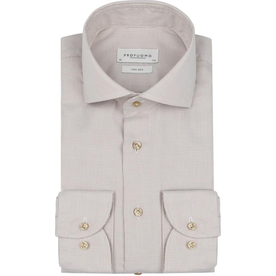 Profuomo Dobby Overhemd Print Beige Bruin
