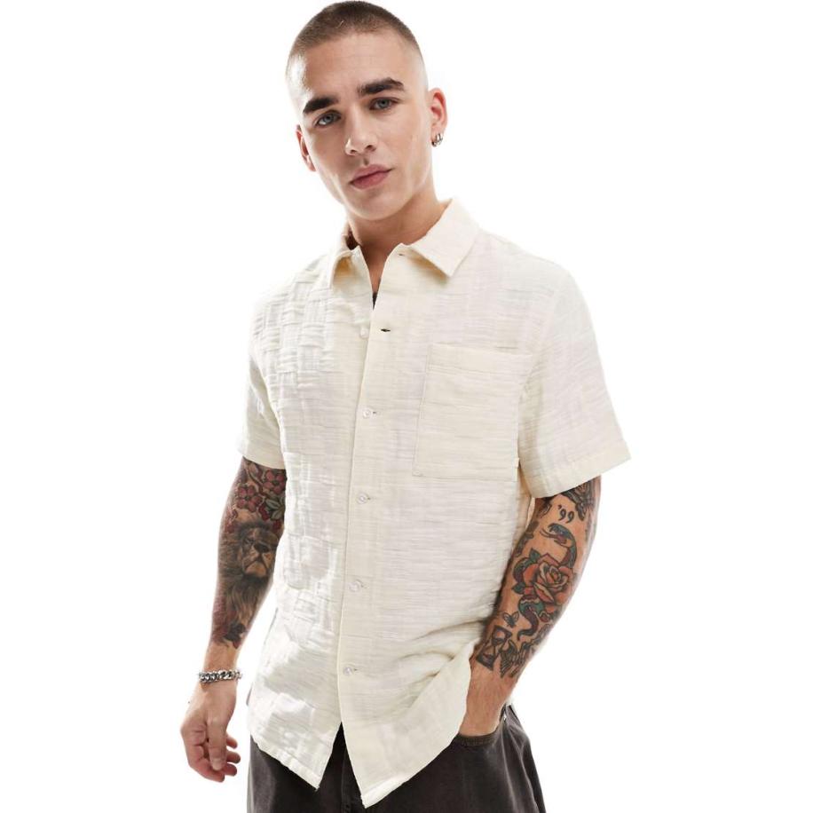 Farah - Fleet - Overhemd met korte mouwen, ruitmotief met reliëf en reverskraag in gebroken wit Wit