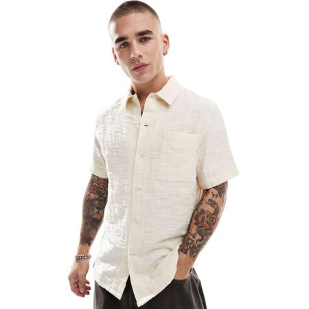 Farah - Fleet - Overhemd met korte mouwen, ruitmotief met reliëf en reverskraag in gebroken wit