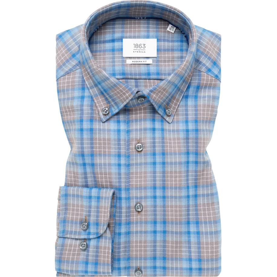 ETERNA 1863 Flanellen Overhemd donkerblauw, Ruit Blauw