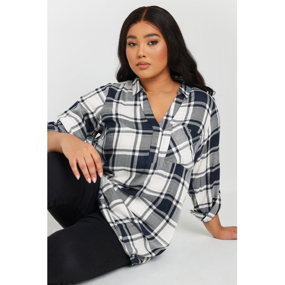 Yours Geruit Overhemd Met 3/4Mouwen In Metallic Donkerblauw Size 58-60 Blauw