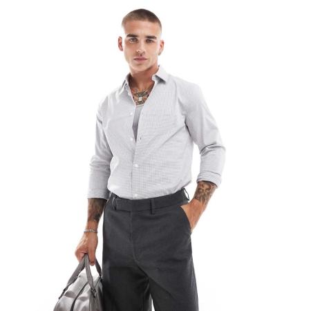 ASOS DESIGN - Smal overhemd in witte en grijze microruit-Grijs