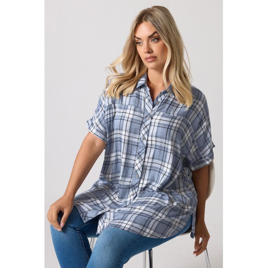 Yours Geruit Overhemd Met Korte Mouwen In Metallic Blauw Size 66-68 Blauw