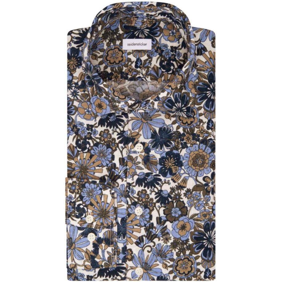 Seidensticker Linnen Overhemd donkerblauw, Bloemen Blauw