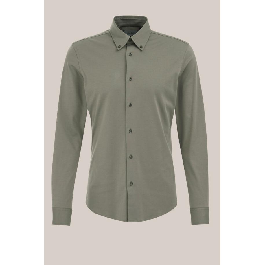 Van Gils heren Slim fit overhemd met stretch - Slim Fit - Legergroen - Katoen - Maat: XS Groen