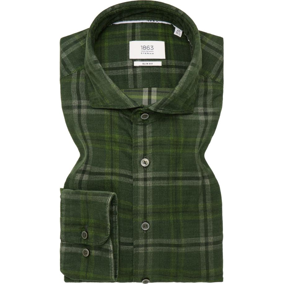 ETERNA 1863 ribfluwelen overhemd groen, Ruit Groen