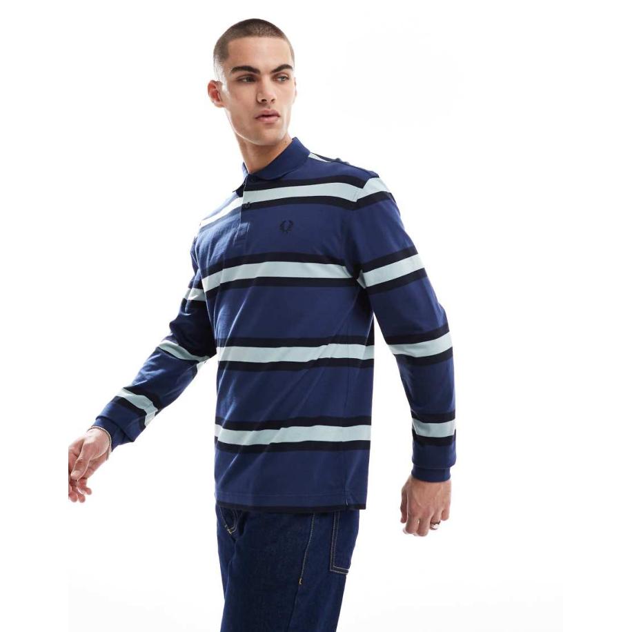 Fred Perry - Polo met lange mouwen met horizontale dikke strepen in marineblauw Blauw
