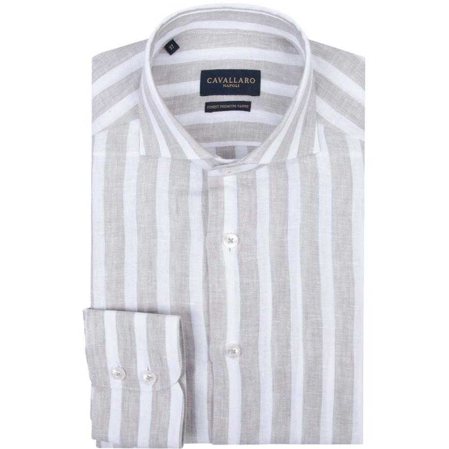 Cavallaro Trenso Overhemd Linnen Streep Beige Bruin