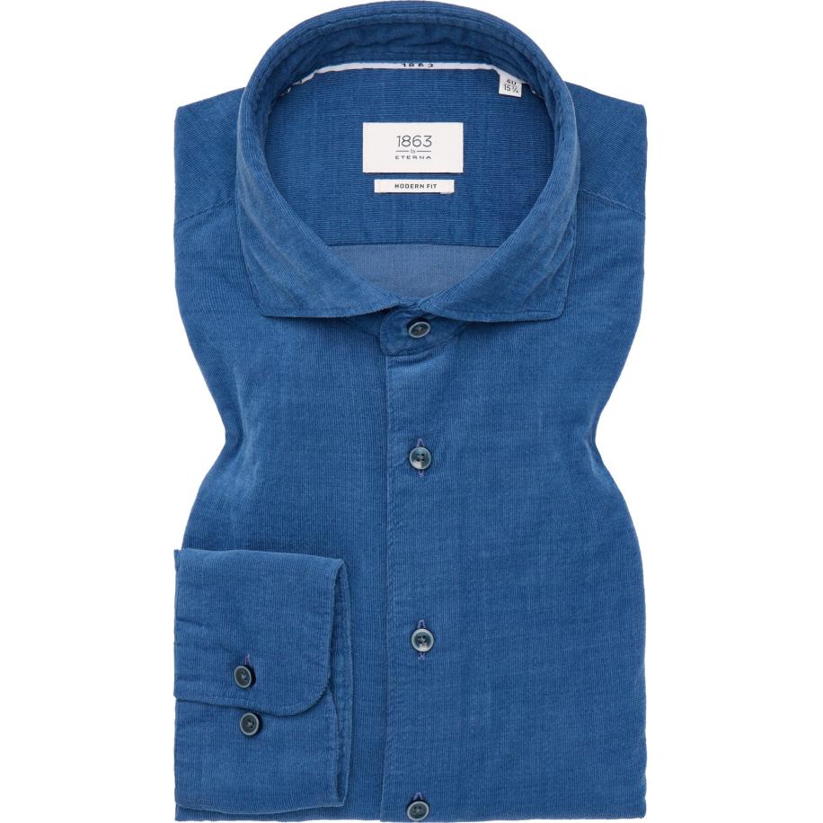 ETERNA 1863 ribfluwelen overhemd donkerblauw, Effen Blauw