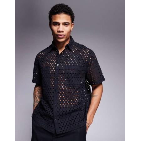 ASOS DESIGN - Premium - Oversized recht overhemd met broderie in zwart