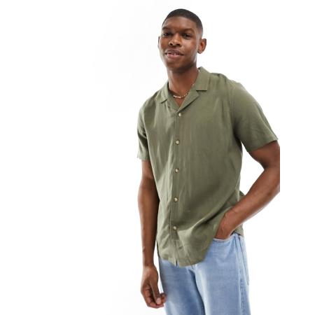 New Look - Overhemd van linnenmix met korte mouwen in donker kaki-Groen