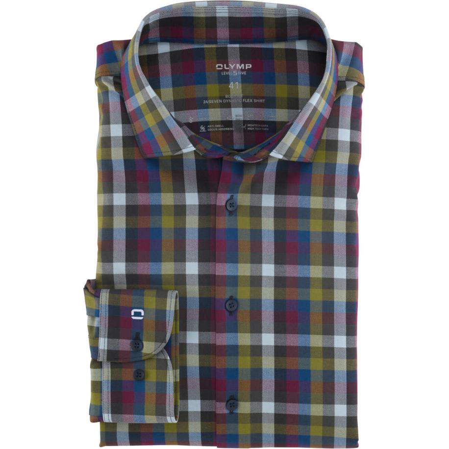 OLYMP Level Five 24/Seven Dynamic Flex Overhemd blauw/groen/rood, Ruit Multicolor
