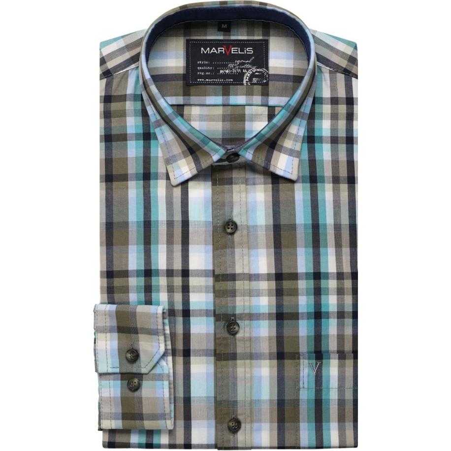 Marvelis Casual Overhemd olijf, Ruit Groen