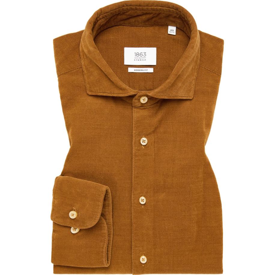 ETERNA 1863 ribfluwelen overhemd beige-bruin, Effen Bruin