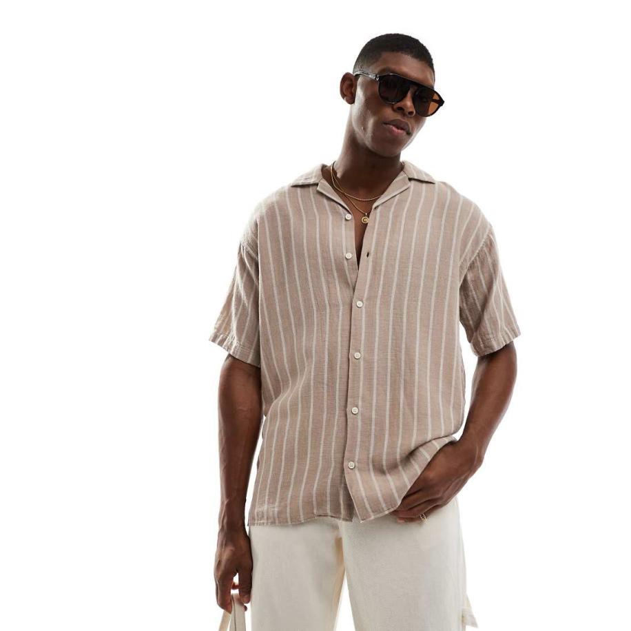 Jack & Jones - Overhemd met reverskraag, getextureerde strepen en korte mouwen in beige-Neutraal Multicolor