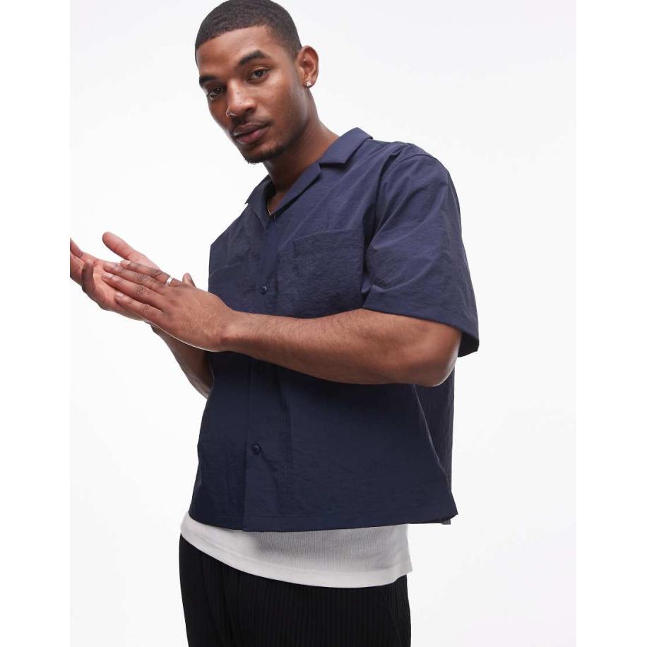 Topman - Cropped technisch overhemd met korte mouwen en rechte pasvorm in marineblauw Blauw