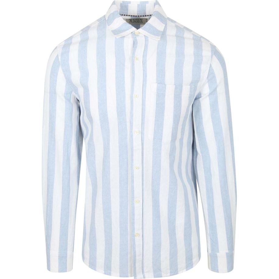 Scotch and Soda Linnen Blend Overhemd Streep Lichtblauw Blauw