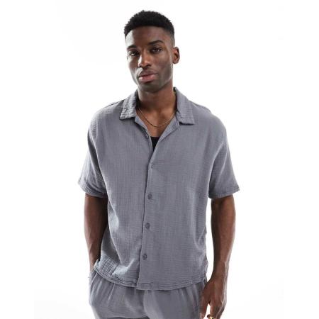 Bershka - Overhemd met reverskraag en textuur in grijs, deel van co-ord set