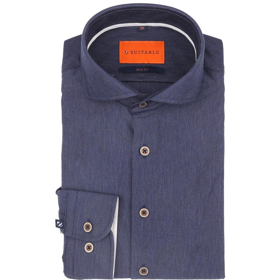 Suitable Herringbone Overhemd Navy Blauw