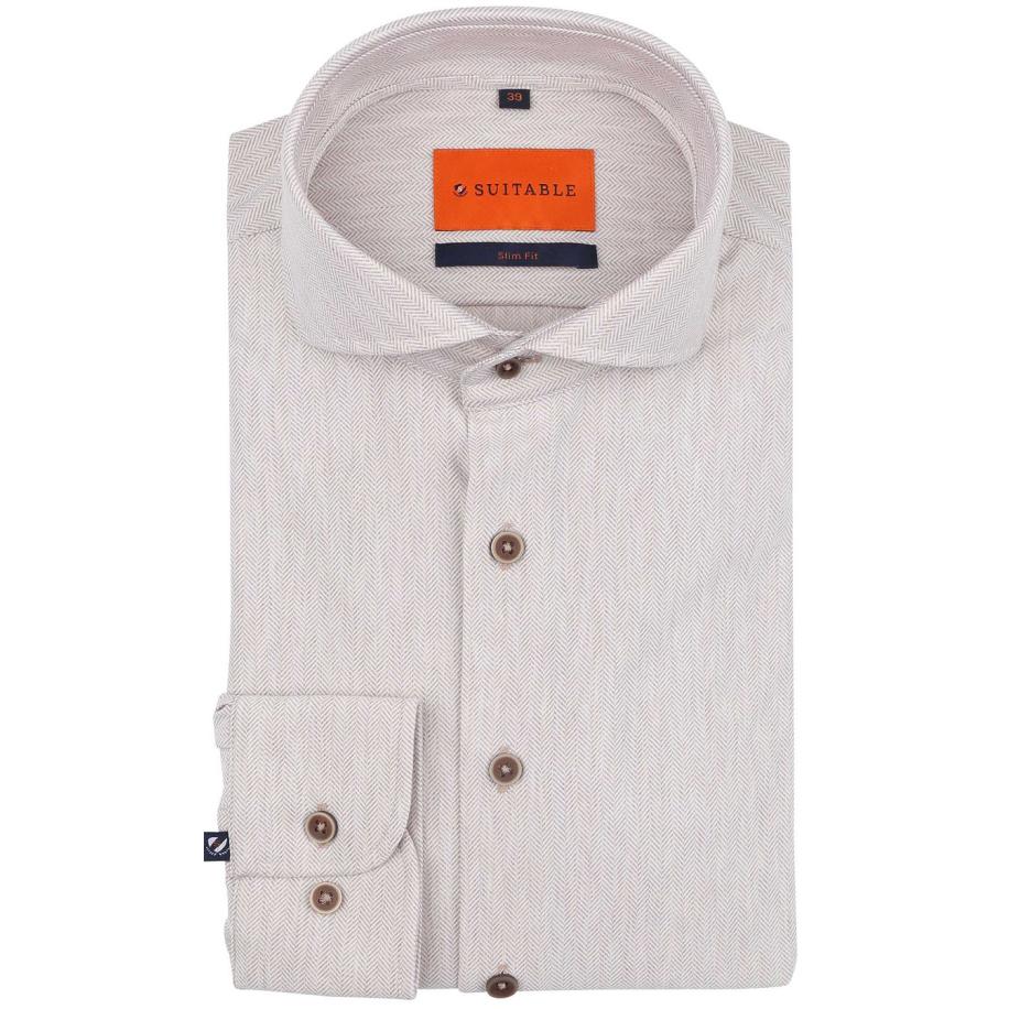 Suitable Herringbone Overhemd Sand Bruin