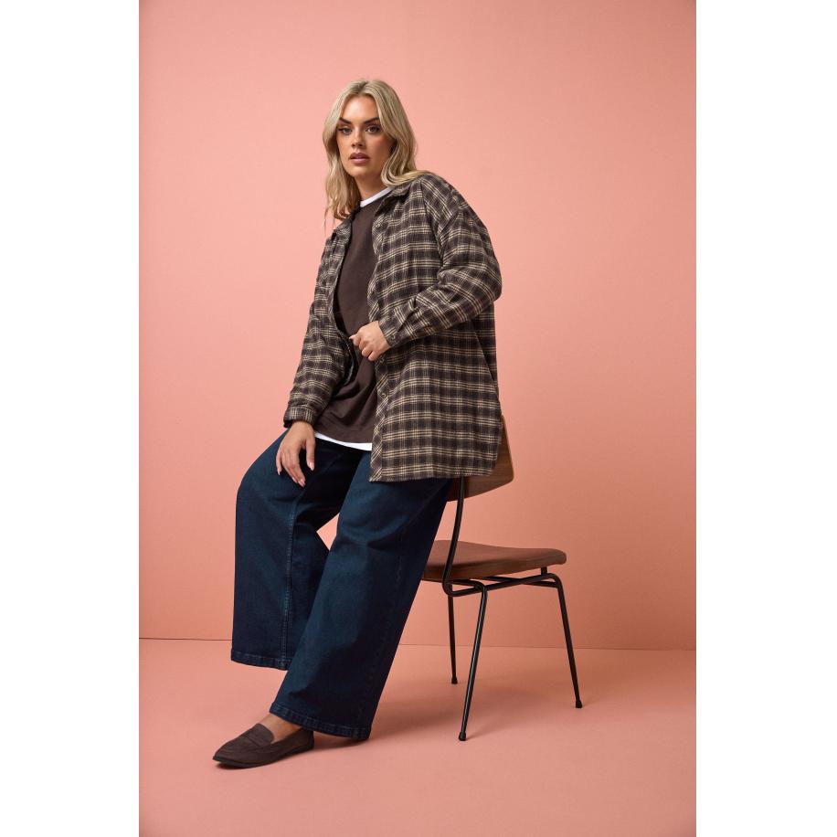 Yours Curve Chocoladebruin Oversized Geruit Overhemd Size 66-68 Bruin