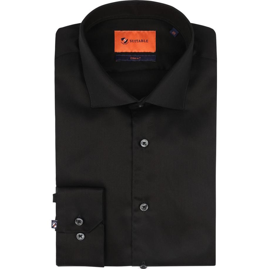 Suitable Overhemd Extra Lange Mouwen Twill Zwart Zwart