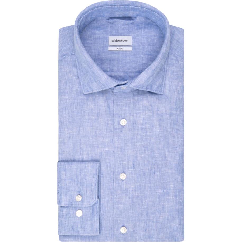 Seidensticker Linnen Overhemd middenblauw, Effen Blauw