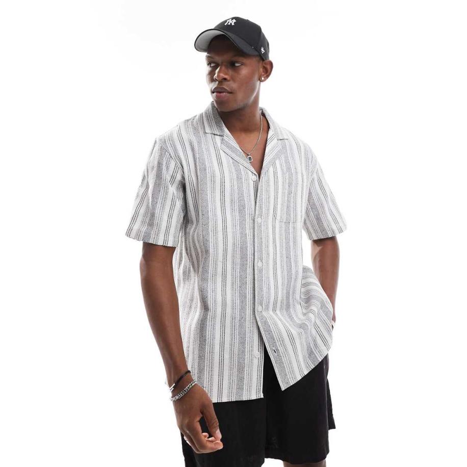 Sol Beach - Gestreept strandoverhemd met textuur en korte mouwen in grijs en wit Grijs