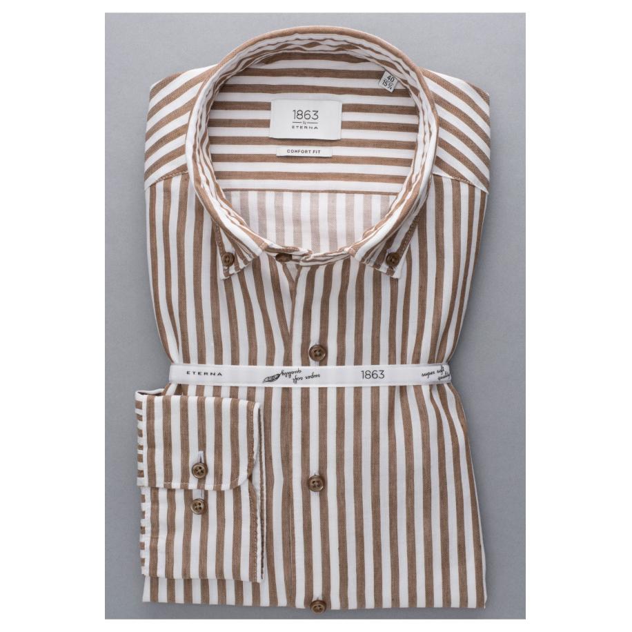 ETERNA 1863 Linnen Overhemd donkerbruin, Gestreept Multicolor