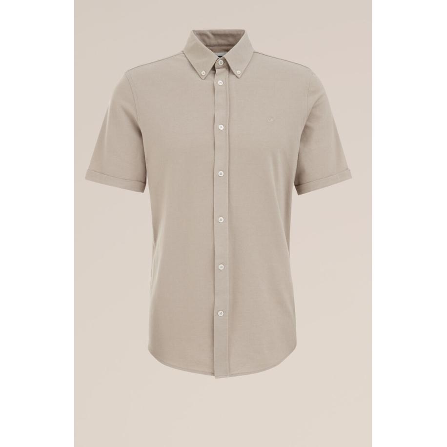 Fundamentals heren piquejersey overhemd met stretch - Slim Fit - Lichtbruin - Katoen - Maat: L Bruin