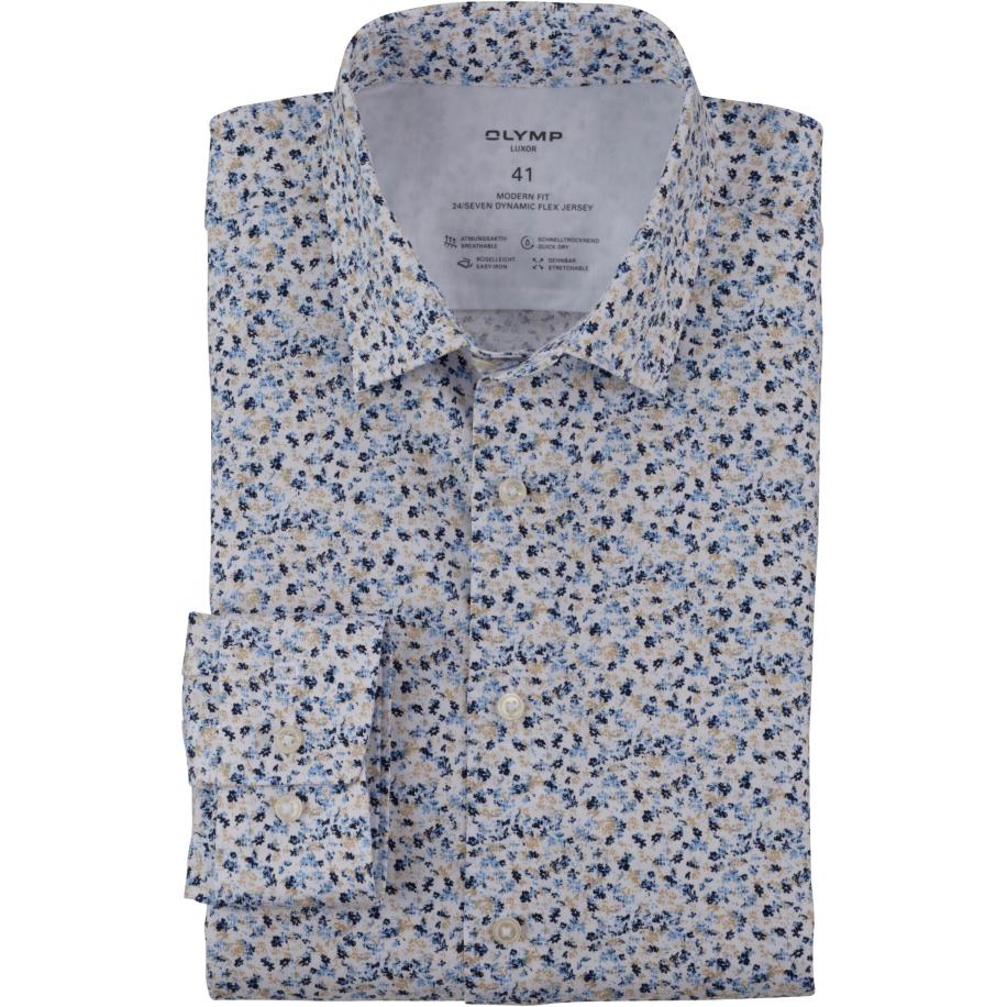 OLYMP Luxor 24/Seven Jersey shirt natuurlijk, Bedrukt Bruin