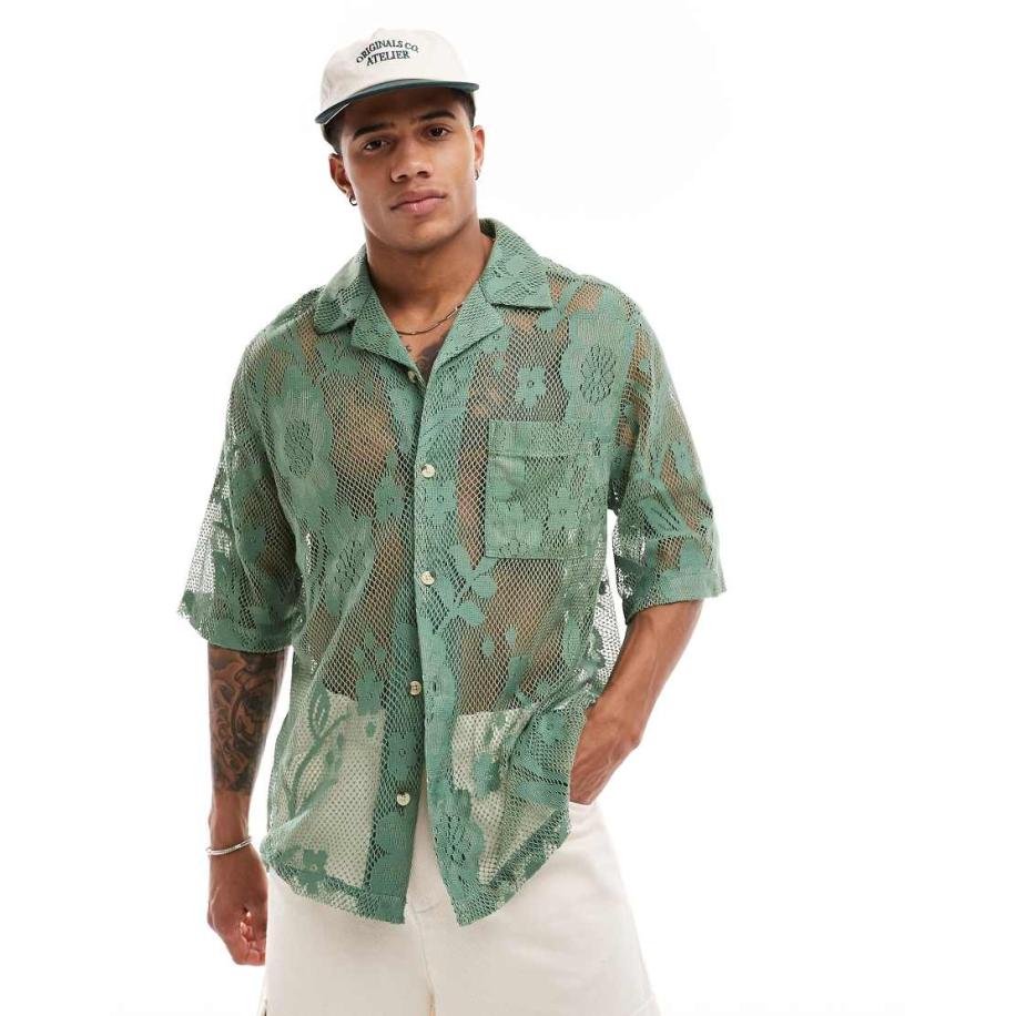 ASOS DESIGN - Ruimvallend kanten overhemd met korte mouwen en reverskraag in saliegroen Groen