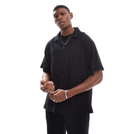 Sol Beach - Strandoverhemd met textuur en korte mouwen in zwart, deel van co-ord set