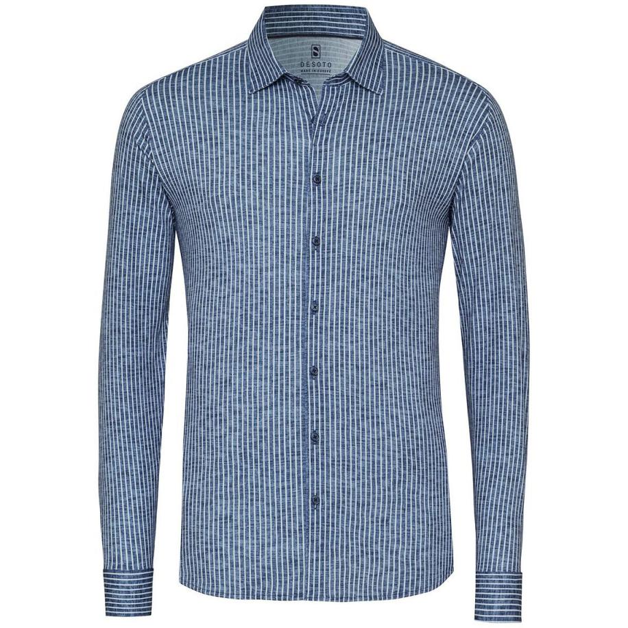 Desoto Shirt Kent Linen Optics Stripes Navy Blauw
