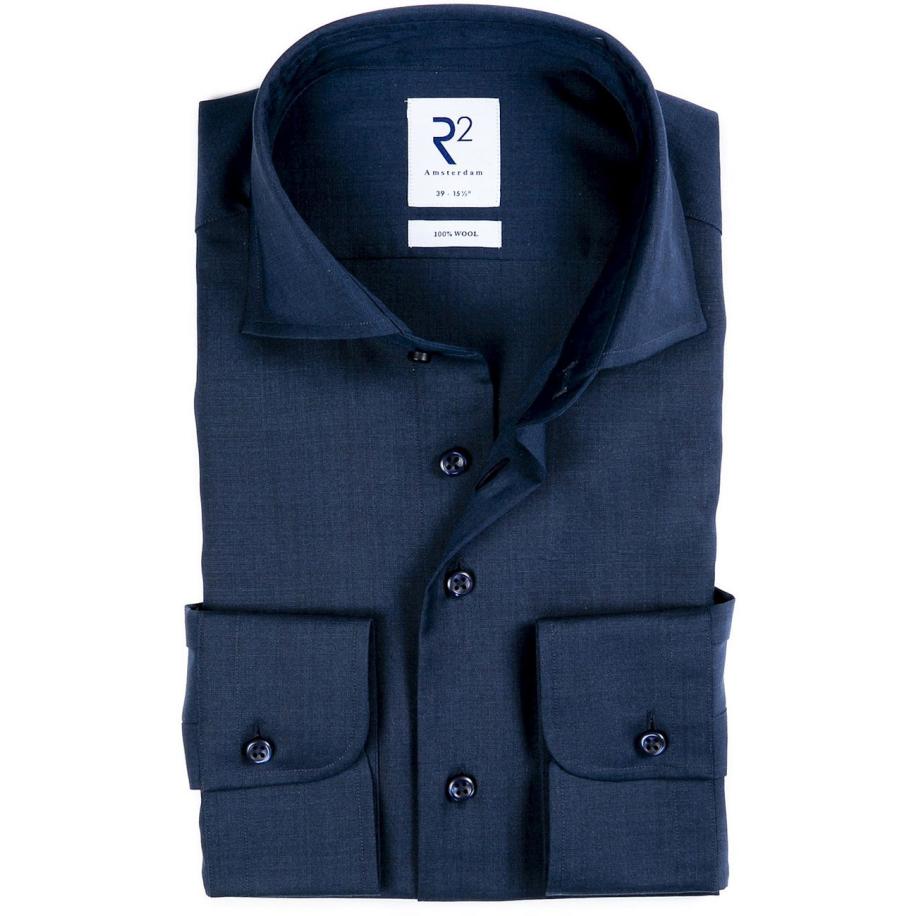 R2 Overhemd Wol Donkerblauw Blauw
