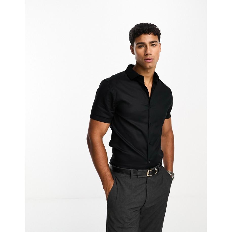 ASOS DESIGN - Royal - Skinny-fit Oxford overhemd met korte kraag in zwart Zwart