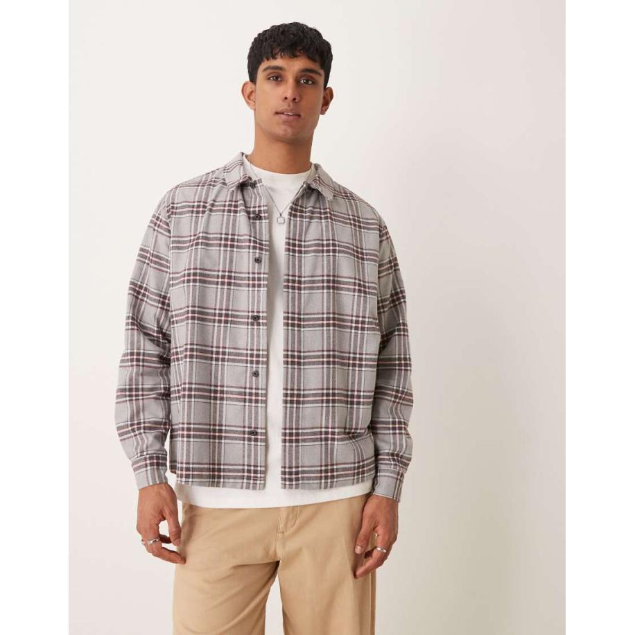 ASOS DESIGN - Ruimvallend recht overhemd met geborstelde ruitprint in grijs en bordeauxrood-Veelkleurig Multicolor