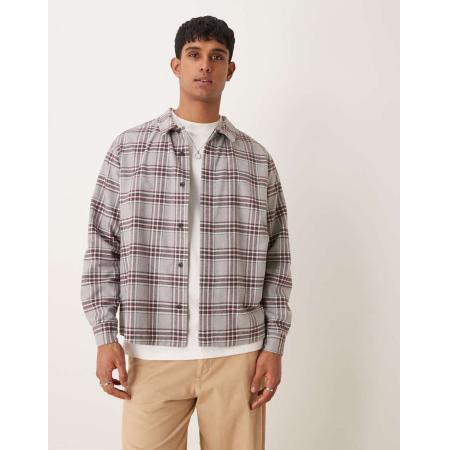 ASOS DESIGN - Ruimvallend recht overhemd met geborstelde ruitprint in grijs en bordeauxrood-Veelkleurig