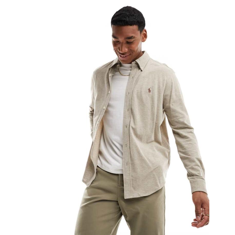 Polo Ralph Lauren - Piqué overhemd met iconisch logo en knopen in gemêleerd beige-Neutraal Multicolor