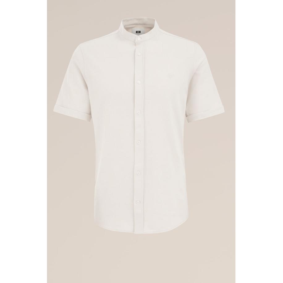 Fundamentals heren piqué jersey overhemd met stretch - Slim Fit - Beige - Katoen - Maat: L Bruin