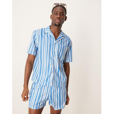 Free Society - Gestreept strandoverhemd met korte mouwen in blauw