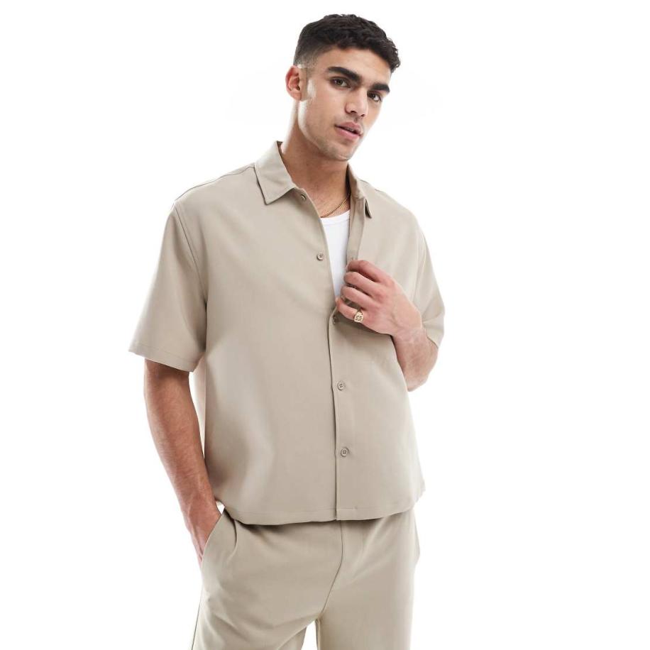 Bershka - Premium - Overhemd in beige, deel van co-ord set-Neutraal Multicolor