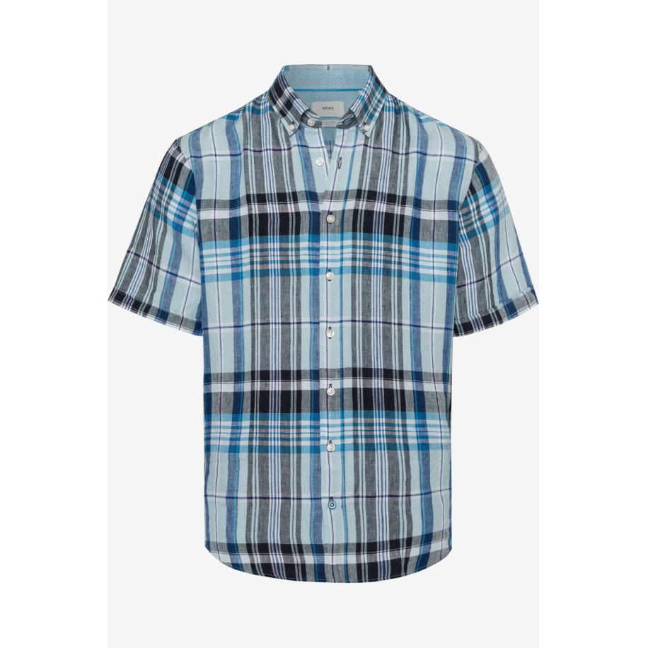 Brax Linnen Overhemd blauw, Ruit Blauw