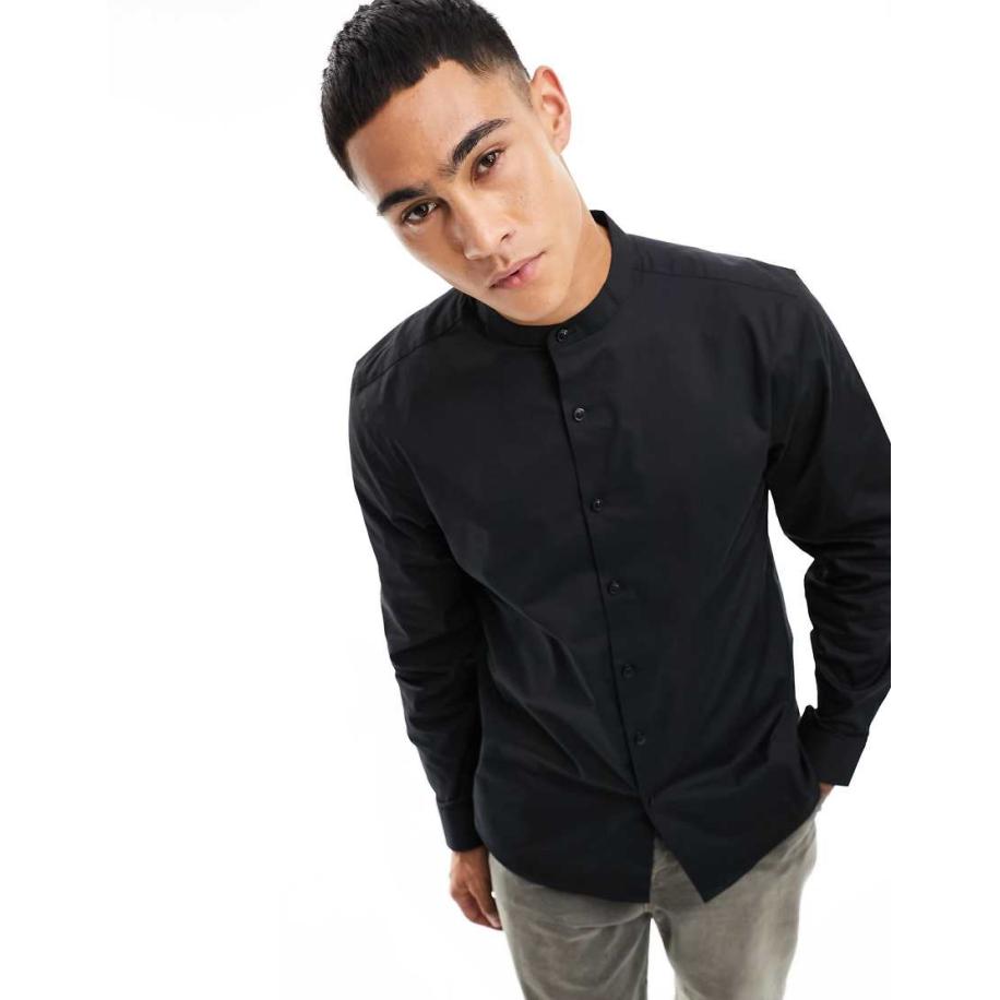 New Look - Overhemd zonder kraag met lange mouwen in zwart Zwart