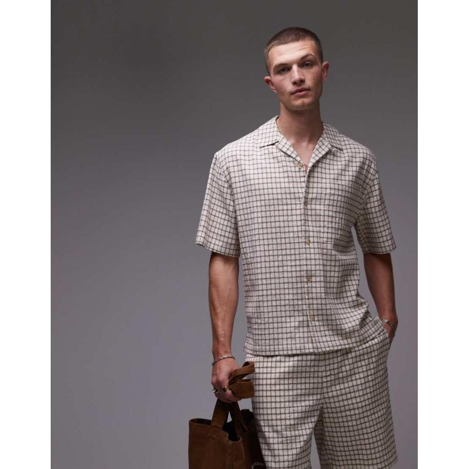Topman - Geruit overhemd van halfzware stof met korte mouwen in beige-Neutraal Multicolor