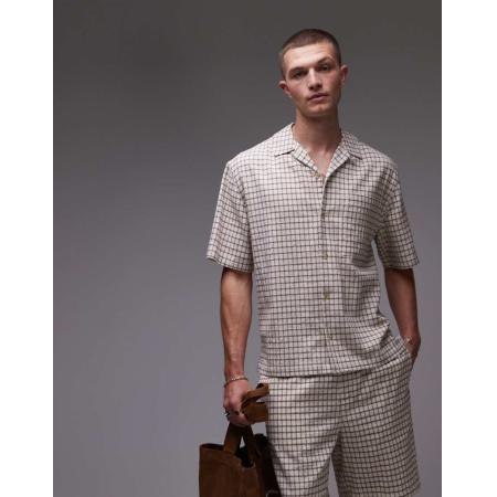 Topman - Geruit overhemd van halfzware stof met korte mouwen in beige-Neutraal