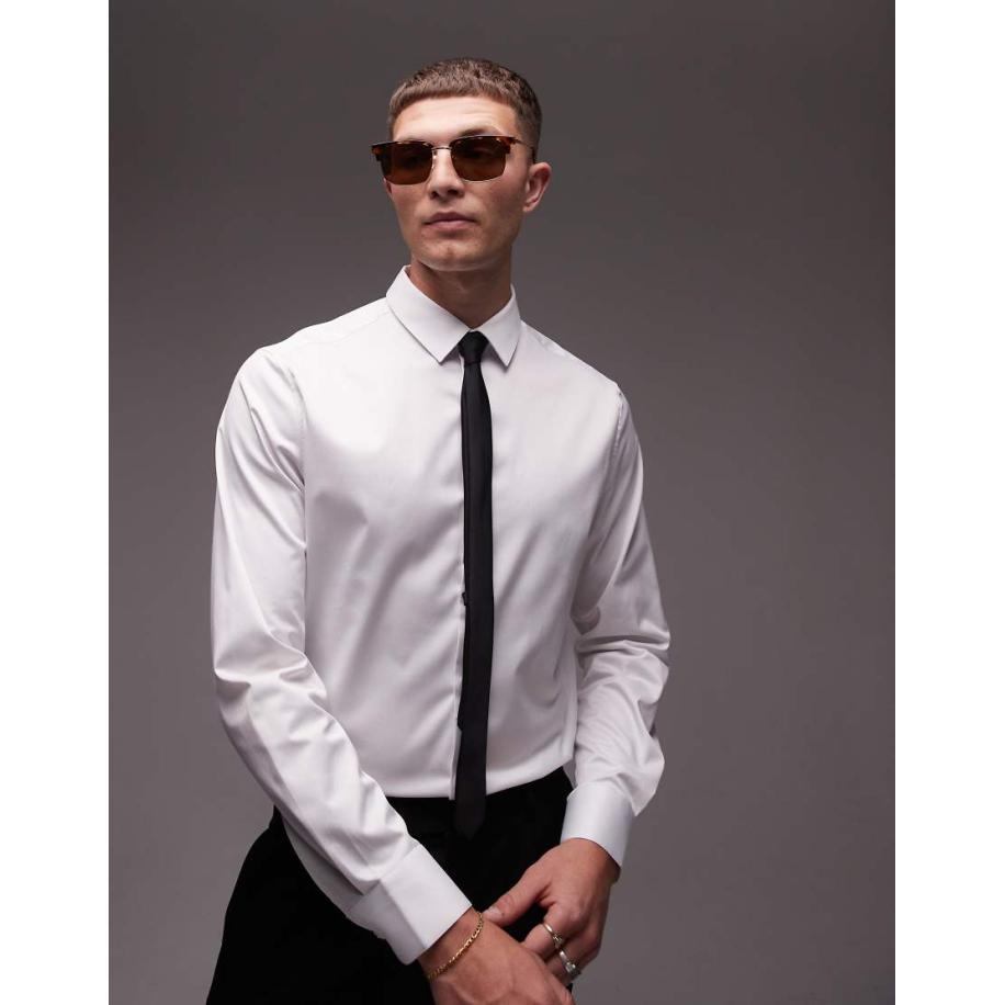Topman - Net smal overhemd van satinet met lange mouwen in wit Wit