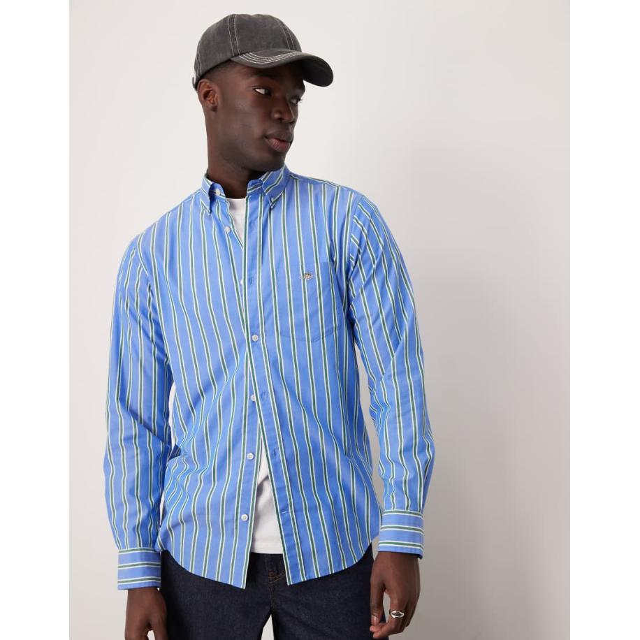 GANT - Regular-fit gestreept poplin overhemd met logo in blauw Blauw